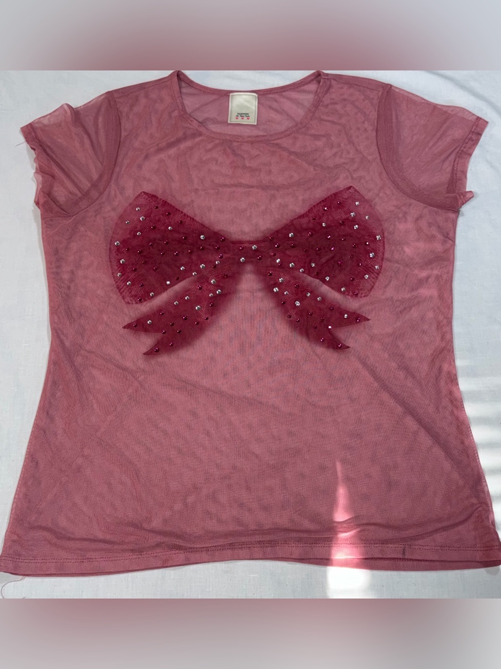 Fashion of New York Mauve Rhinestone Bow Sheer Top Plus Size 1X P73